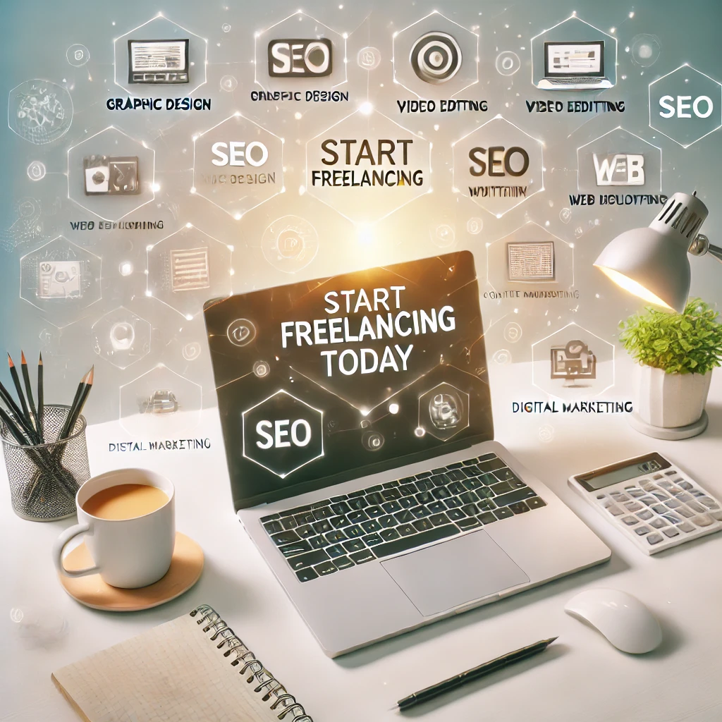 Top 10 freelancing skills for beginners illustrated with laptop and skill icons